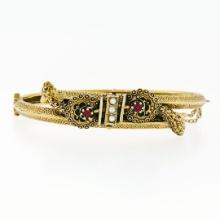 Victorian Revival 14k Gold Ruby Pearl Dual Snake Bypass Hinged Bangle Bracelet