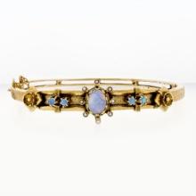 Vintage 14K Yellow Gold Opal & Pearl Textured Floral Open Hinged Bangle Bracelet