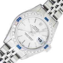 Rolex Ladies Quickset Silver Index Diamond & Sapphire Datejust Wristwatch