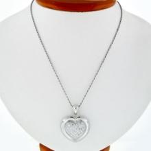 14k White Gold .75 ctw Pave Round Diamond Heart Pendant Necklace w/ Frosted Fram