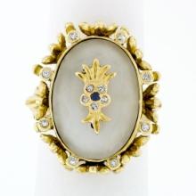 Vintage 18k Gold Oval Cut Frosted Quartz Rock Crystal Diamond & Sapphire Ring