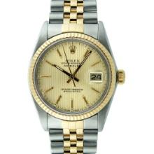 Rolex Mens 2T 14K Gold And Steel Champagne Tapestry Datejust Wristwatch 36MM