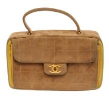 Chanel Beige Quilted Suede Chocolate Bar CC Top Handle Bag (CC Snap Replaced)