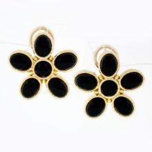 Elizabeth Locke Hammered 18k Gold Oval Black Onyx Flower Cluster Omega Earrings