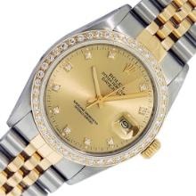 Rolex Mens 2T Champagne Diamond Datejust Wristwatch 36MM