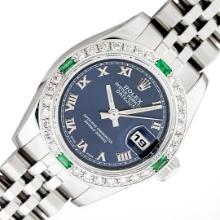 Rolex Quickset Sapphire Blue Roman Emerald & Diamond Datejust Wristwatch