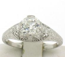 Antique Art Deco Platinum 1.30 ctw GIA Diamond Etched Filigree Engagement Ring