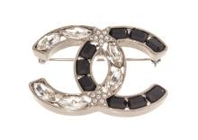 Chanel Black and Silver Pearl CC Rhinstone Brooch