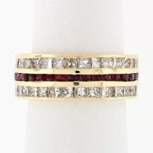 Vintage 18k Gold Channel Round Ruby Princess Cut Diamond Wide Eternity Band Ring