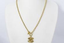 Chanel Gold-tone Metal CC Quilted Logo Pendant Necklace