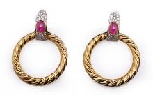 A Fine & Large Pair of 18K Yellow Gold, Ruby & Diamond Earrings
