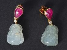 18K Yellow Gold Ice Jadeite, Ruby & Diamond Earrings by Carlo Rici