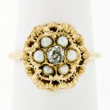 Vintage 14k Yellow Gold .21 ctw European Diamond & Pearl Cluster Open Tiered Rin