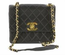 Chanel Black Quilted Lambskin Leather CC Square Medium Flap Shoulder Bag