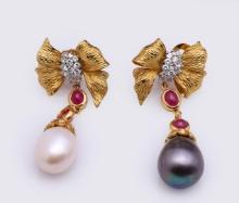 Pair 18K Yellow Gold, Ruby, Diamond & Pearl Earrings by Carlo Rici