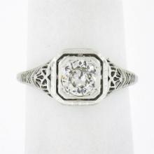Antique Art Deco 18k Gold European Diamond Solitaire w/ Filigree Engagement Ring