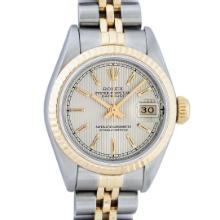 Rolex Ladies 2T Yellow Gold & Stainless Steel Silver Tapestry Dial Wristwatch 26