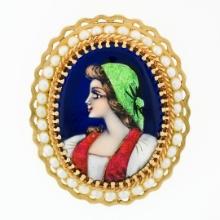 Vintage 14k Gold French Hand Painted Porcelain Portrait Pearl Pin Brooch Pendant