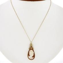 Vintage 14k Gold Tear Drop Bezel Carved Shell Cameo Pendant 16" Curb Link Chain