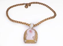 Antique Carved Cameo Agate in Later 18K Yellow Gold and Diamond Mount