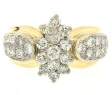14k Yellow & White Gold 1.51 ctw 33 Prong & Pave Set Round Diamond Cluster Ring