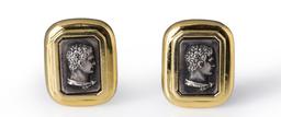 Pair of Heavy 18K Yellow Gold Earrings with Silver Inserts of Roman Emperor