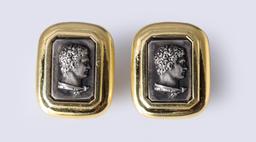 Pair of Heavy 18K Yellow Gold Earrings with Silver Inserts of Roman Emperor
