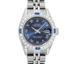 Rolex Ladies Quickset Stainless Steel Blue Roman 18K White Gold Diamond & Sapphi