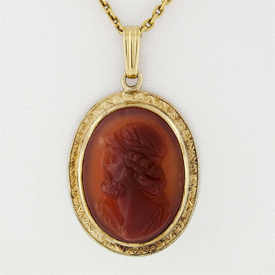 Antique 14K Gold Carved Carnelian Cameo Hand Engraved Frame Pendant 20" Necklace