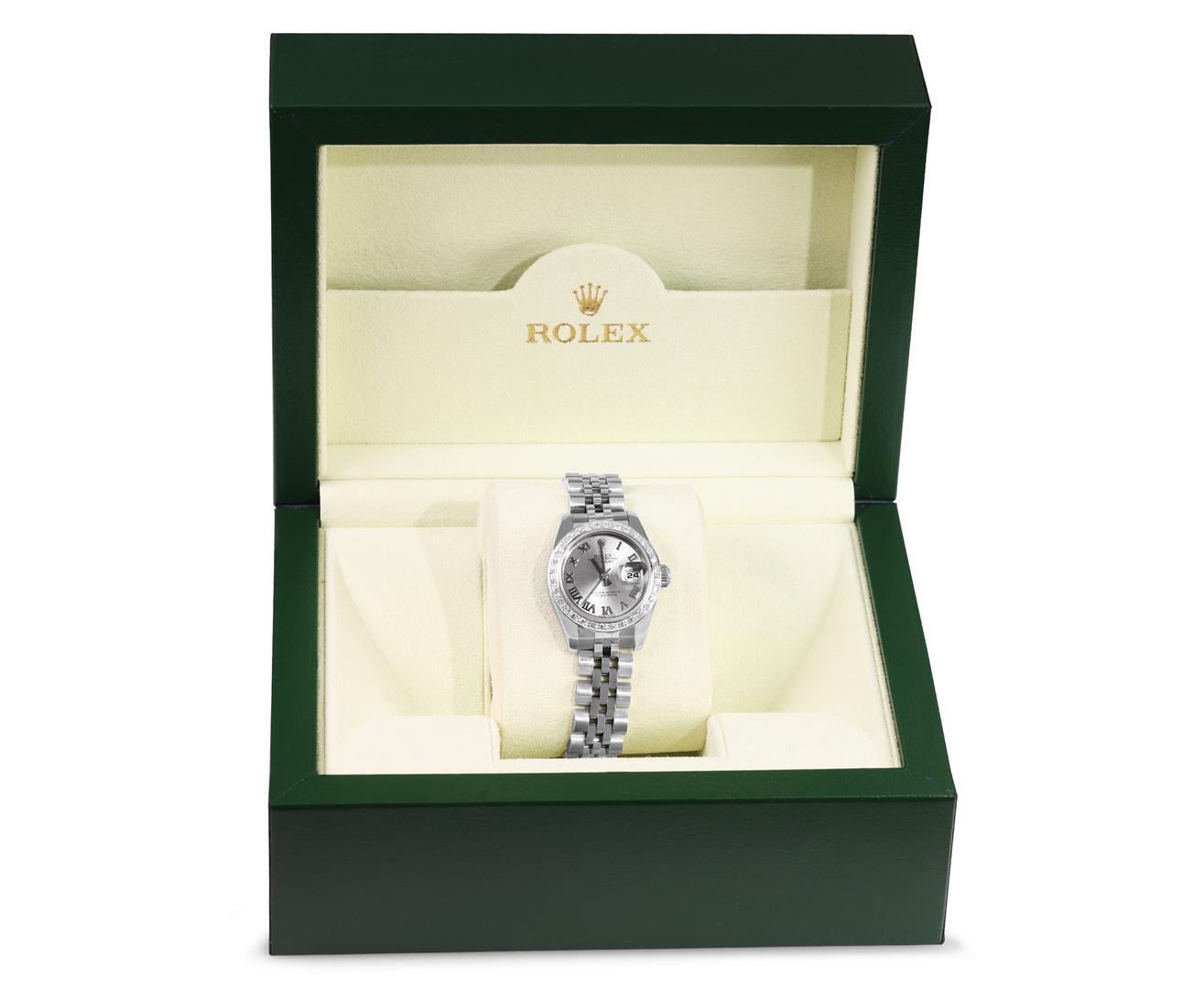 Rolex Ladies Quickset Stainless Steel Gray Roman 18K White Gold Diamond Bezel Da