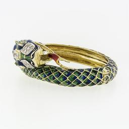 Vintage 18k Gold 0.75 ctw Diamond Green & Blue Enamel Snake Dragon Bangle Bracel