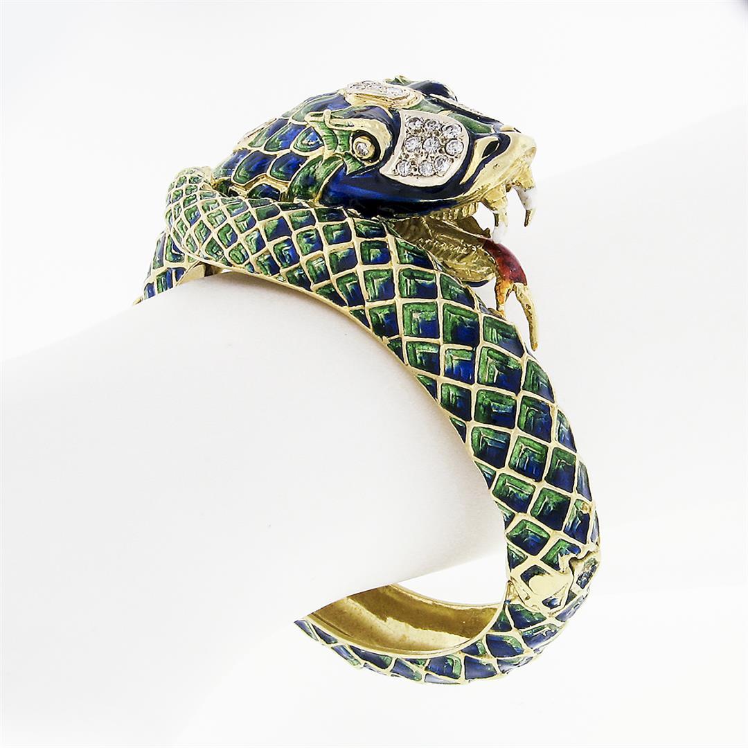 Vintage 18k Gold 0.75 ctw Diamond Green & Blue Enamel Snake Dragon Bangle Bracel