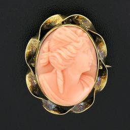 Antique 10k Yellow Gold Oval Carved Coral Cameo Twisted Frame Brooch Pin Pendant