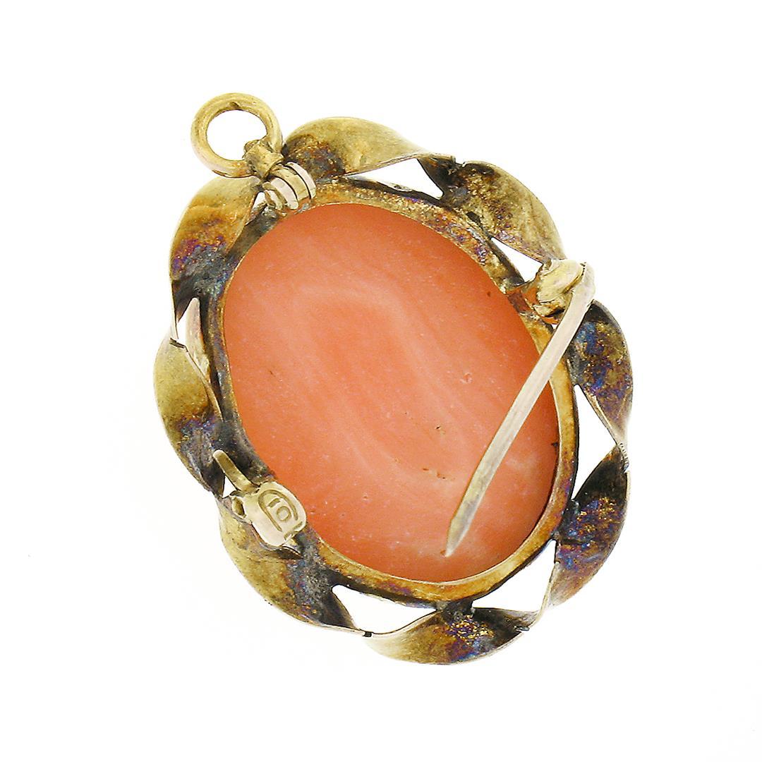 Antique 10k Yellow Gold Oval Carved Coral Cameo Twisted Frame Brooch Pin Pendant