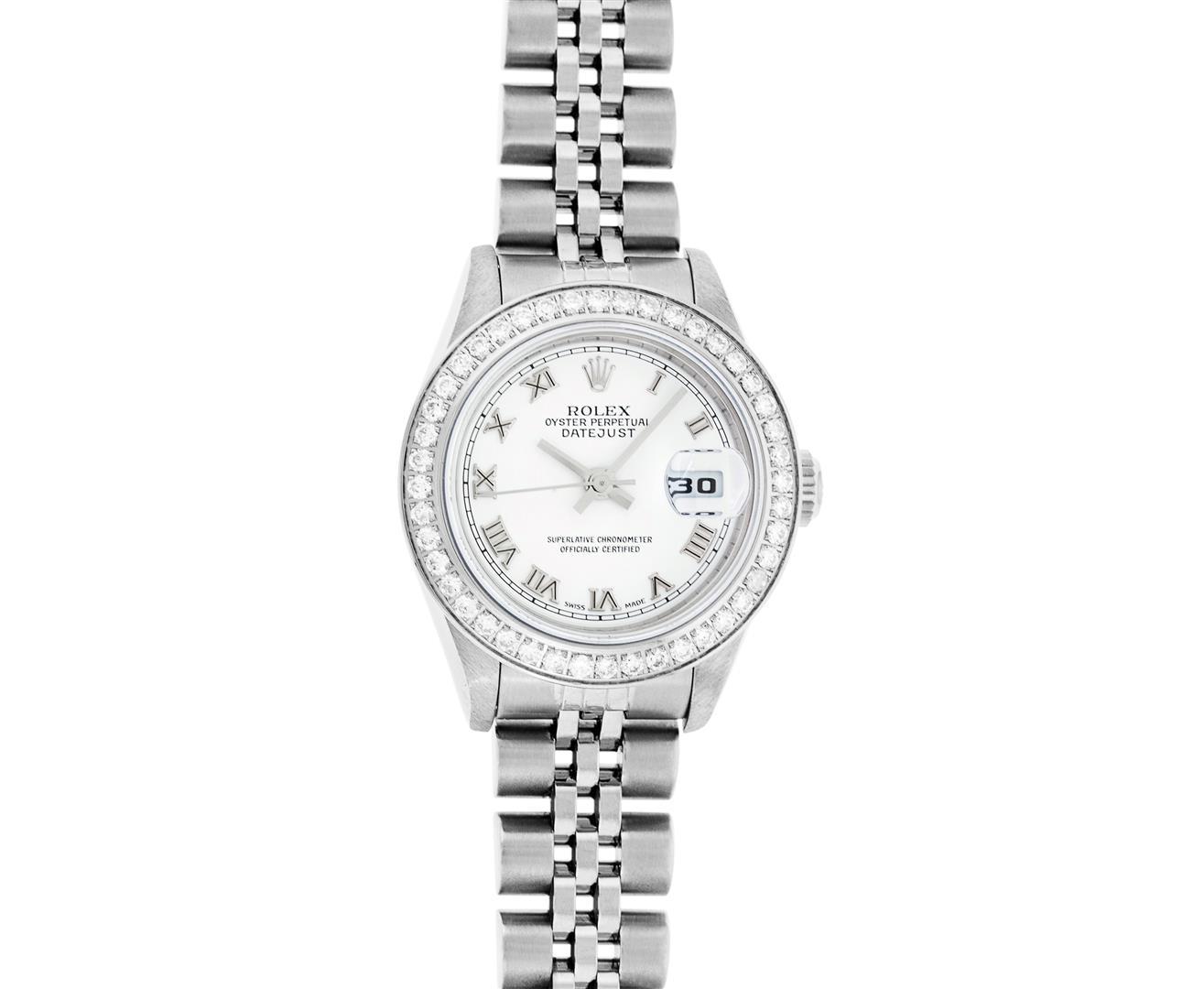 Rolex Ladies Quickset Stainless Steel White Roman Stainless Steel Diamond Bezel