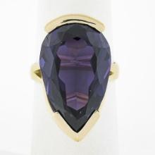 14k Yellow Gold Large Pear Cut Half Bezel Purple Stone Solitaire Cocktail Ring