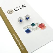 18k White Gold 8.50 ctw GIA Ceylon Sapphire Diamond Halo Flower Cluster Earrings