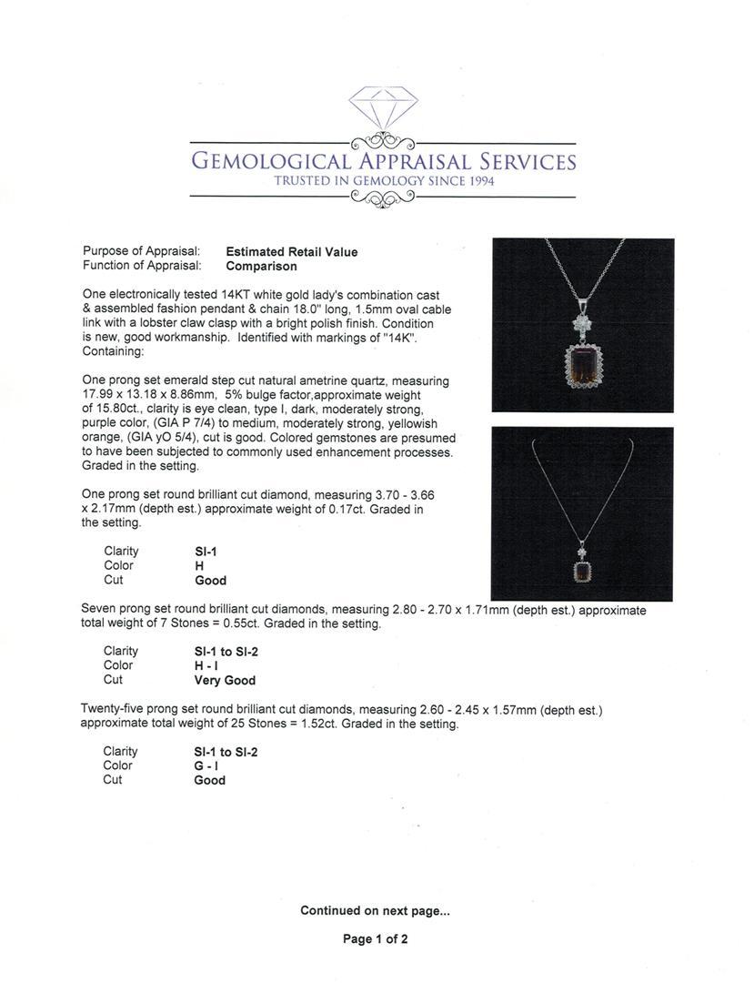 15.80 ctw Ametrine and Diamond Pendant - 14KT White Gold