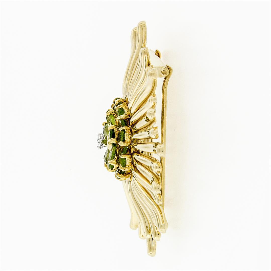 Vintage Retro 14K Gold Peridot & Diamond Cluster Radiating Spray Flower Brooch