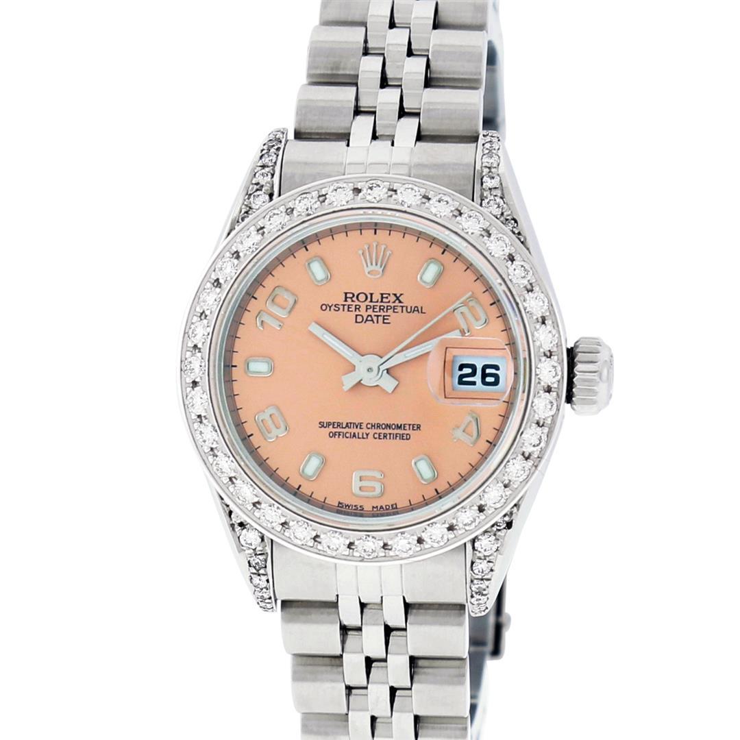 Rolex Ladies Stainless Steel Quickset Salmon Dial Diamond Lugs Date Wristwatch