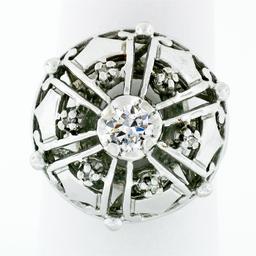 Vintage 14k White Gold 0.39 ctw Old Diamond Round Puffed Dome Bombe Platter Ring