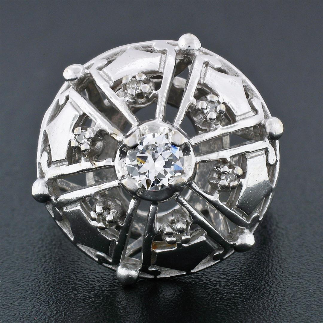 Vintage 14k White Gold 0.39 ctw Old Diamond Round Puffed Dome Bombe Platter Ring