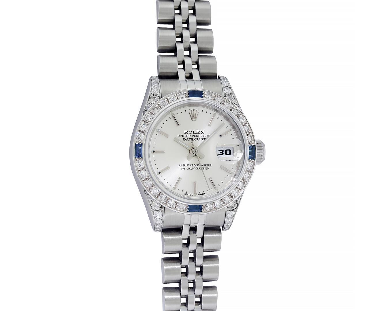 Rolex Ladies Quickset Stainless Steel Silver Index 18K White Gold Diamond & Sapp