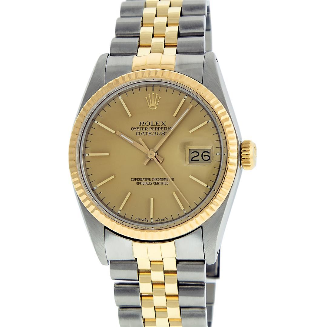 Rolex Mens 2 Tone Champagne Index 36MM 14K Yellow Gold & Steel Datejust Wristwat