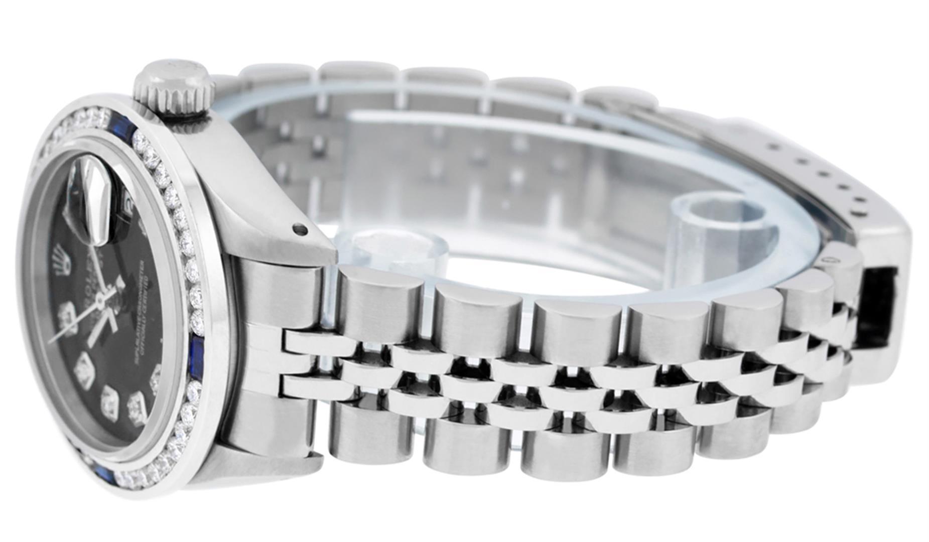 Rolex Ladies Stainless Steel Black Diamond And Channel Set Sapphire Wristwatch