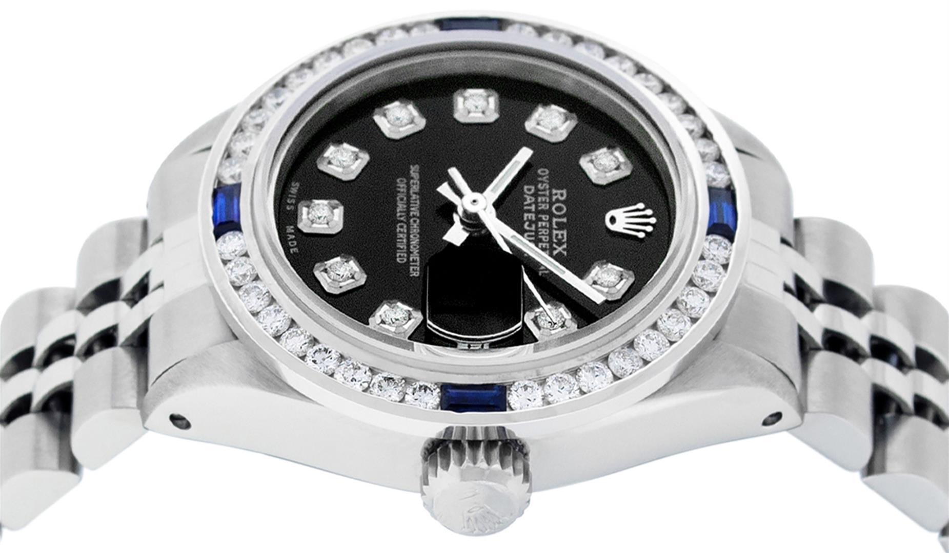 Rolex Ladies Stainless Steel Black Diamond And Channel Set Sapphire Wristwatch