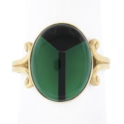 Vintage 14K Gold Oval Bezel Inlaid Chrysoprase & Black Onyx Scarab Beetle Ring