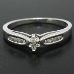 Petite 10k White Gold Marquise Diamond Solitaire Ring w/ Round Channel Accents