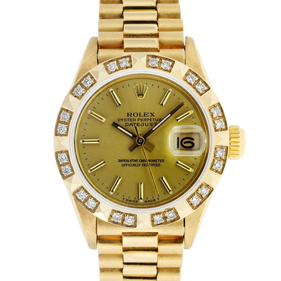 Rolex Ladies 18K Yellow Gold Champagne Index And Diamond Bezel President Wristwa