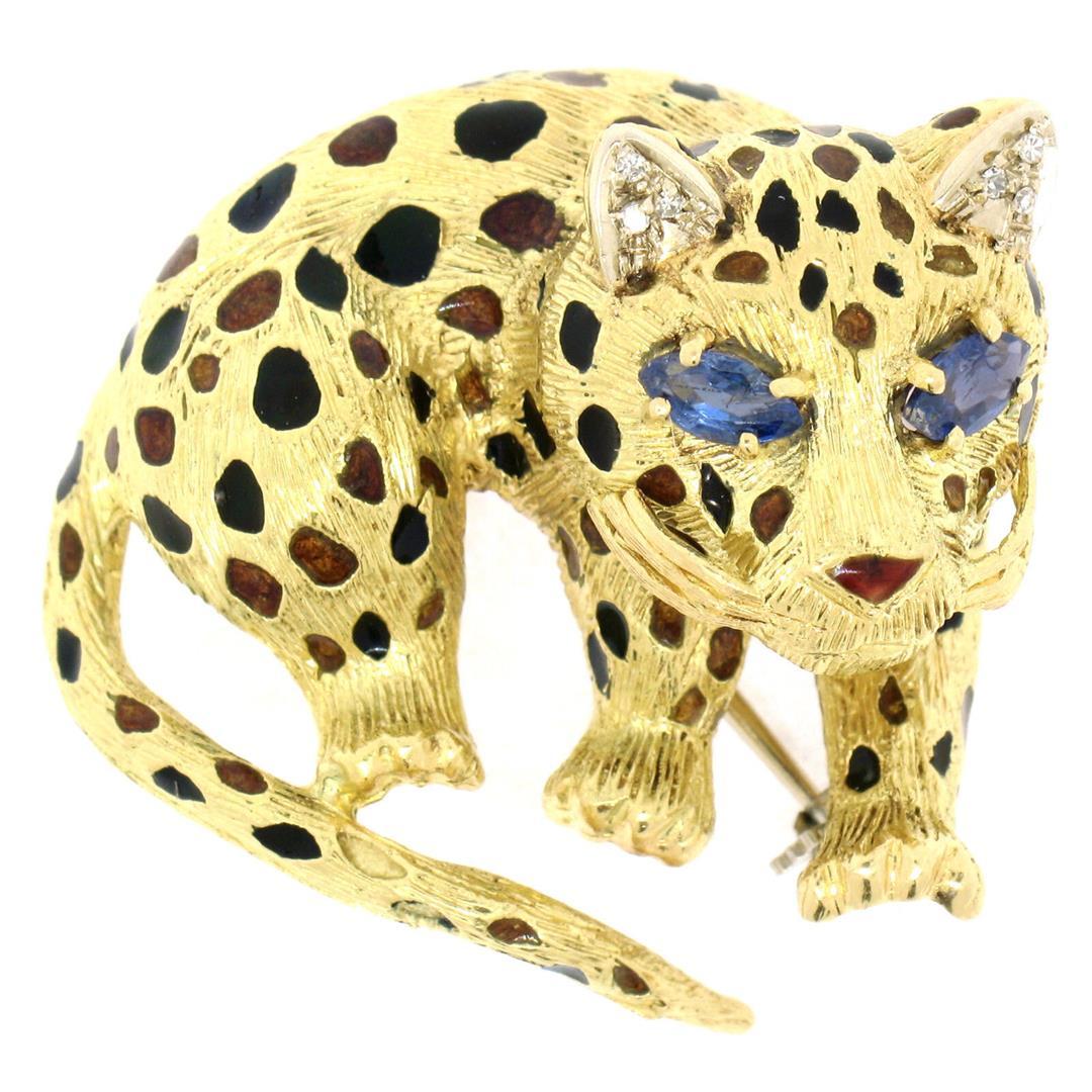 Vintage Textured 18K Yellow Gold Sapphire Leopard Brooch Pin Black Orange Enamel